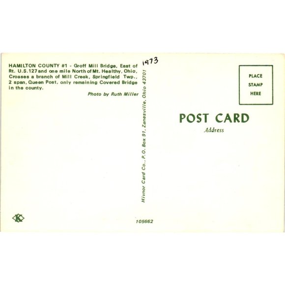 Hamilton County Groff Mill Covered Bridge Mount Healthy Ohio Springfield Postcar - Picture 2 of 2